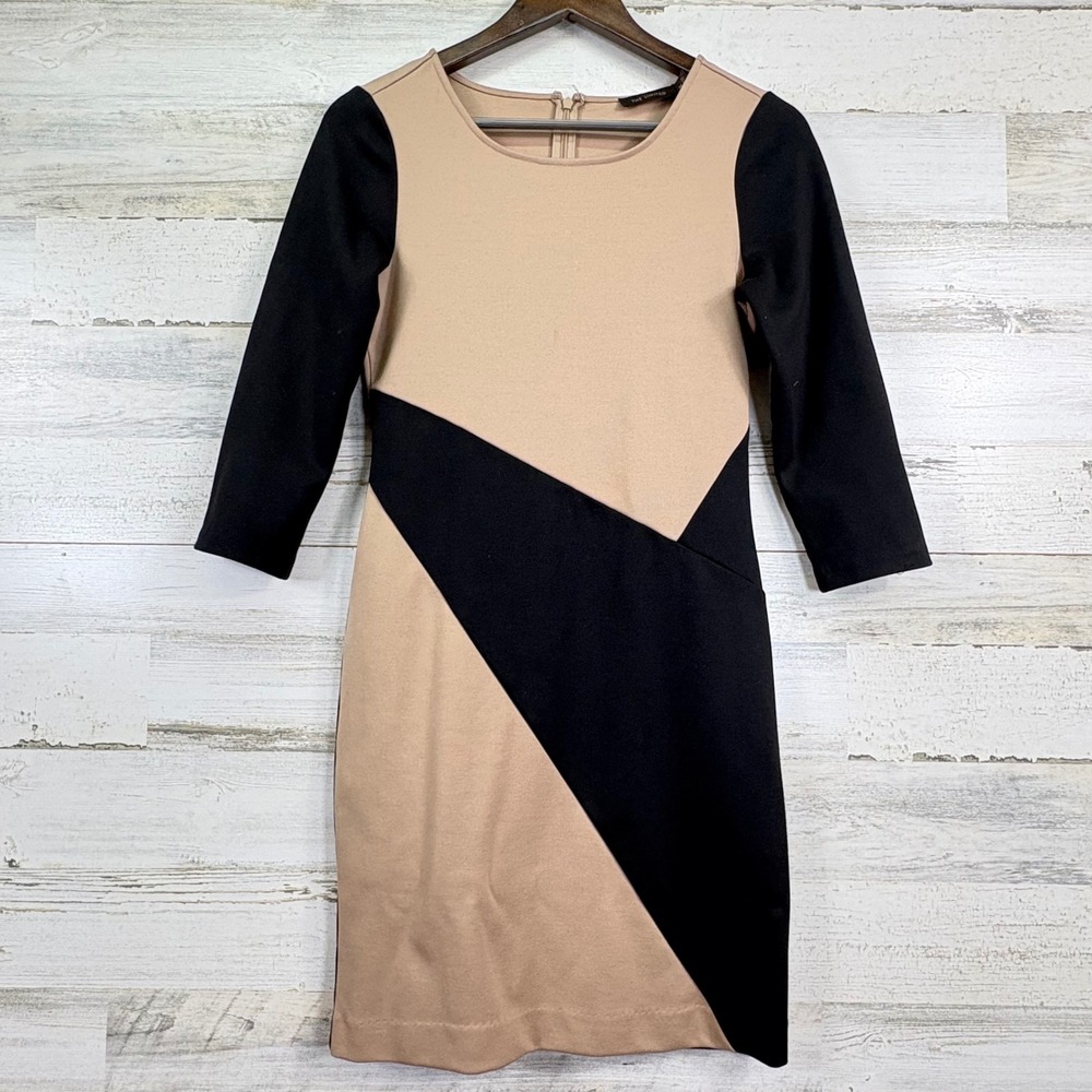 The Limited Womens XS Tan Black Color Block 3/4 Sleeve Stretch Pencil Dress‎